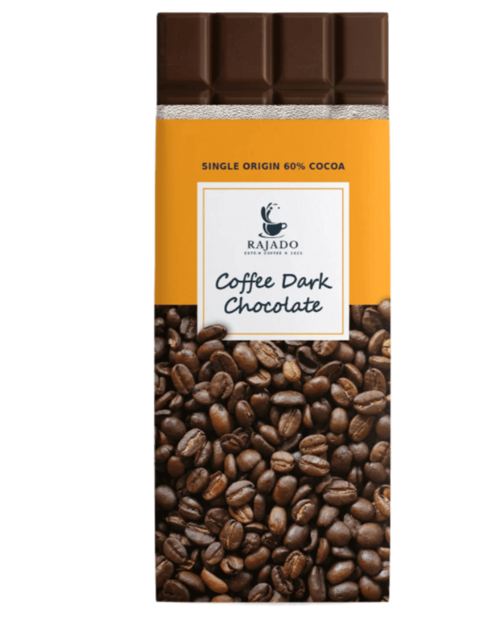 coffee dark chocolate bar 90g wrapped in coffee beans with single origin cocoa information.