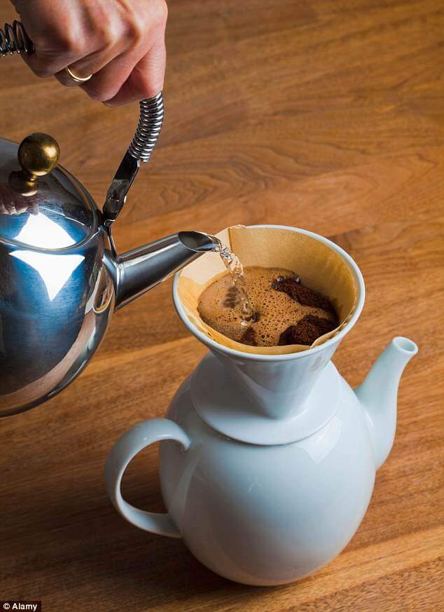 Pouring hot water over coffee grounds in a filter for brewing filter coffee.