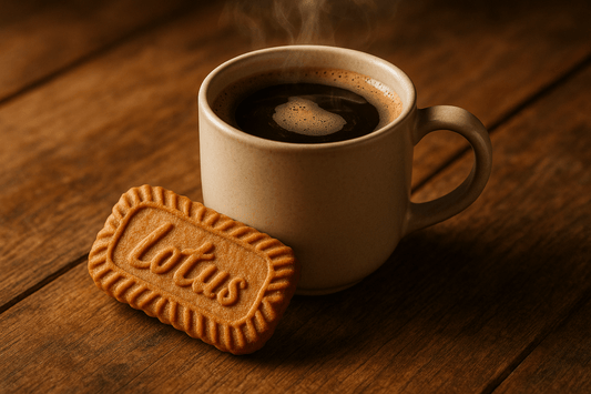 Coffee Blend & Biscuit Break: The Perfect Coffee Lover’s Bundle with steaming cup and Lotus biscuit on wooden table.