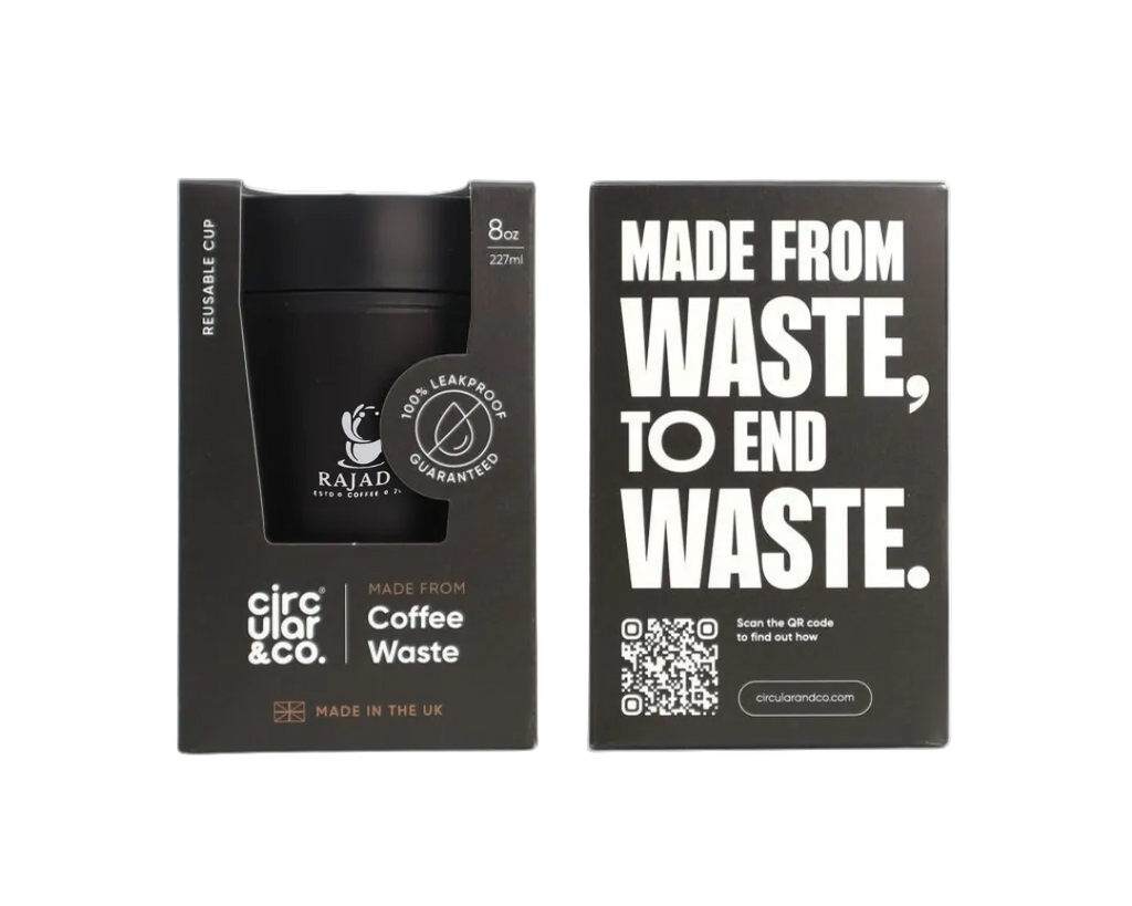 Reusable coffee cup from coffee waste in packaging, 8oz size, sustainable design by Circular & Co.