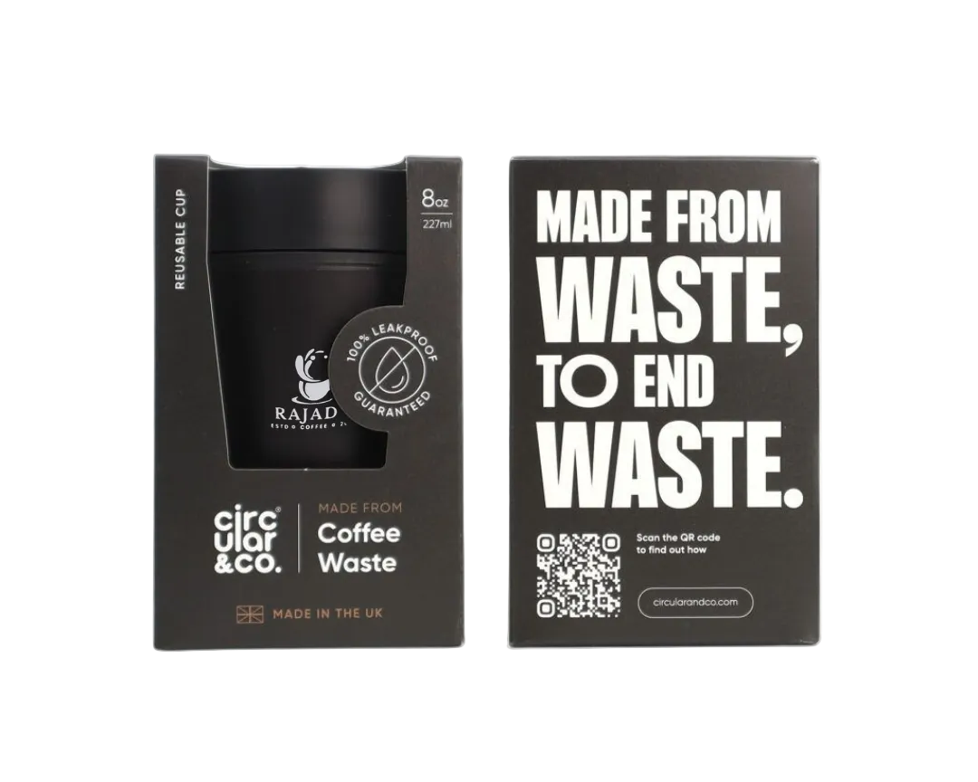 Reusable coffee cup from coffee waste in packaging, 8oz size, sustainable design by Circular & Co.