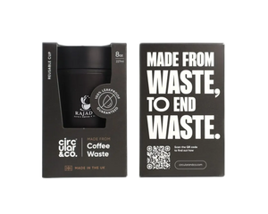 Reusable coffee cup from coffee waste in packaging, 8oz size, sustainable design by Circular & Co.