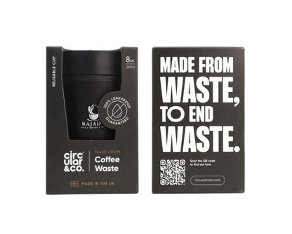 Reusable coffee cup from coffee waste in packaging, 8oz size, sustainable design by Circular & Co.