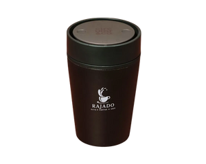 Reusable coffee cup from coffee waste, Rajado Coffee branded travel mug in black with a secure lid.