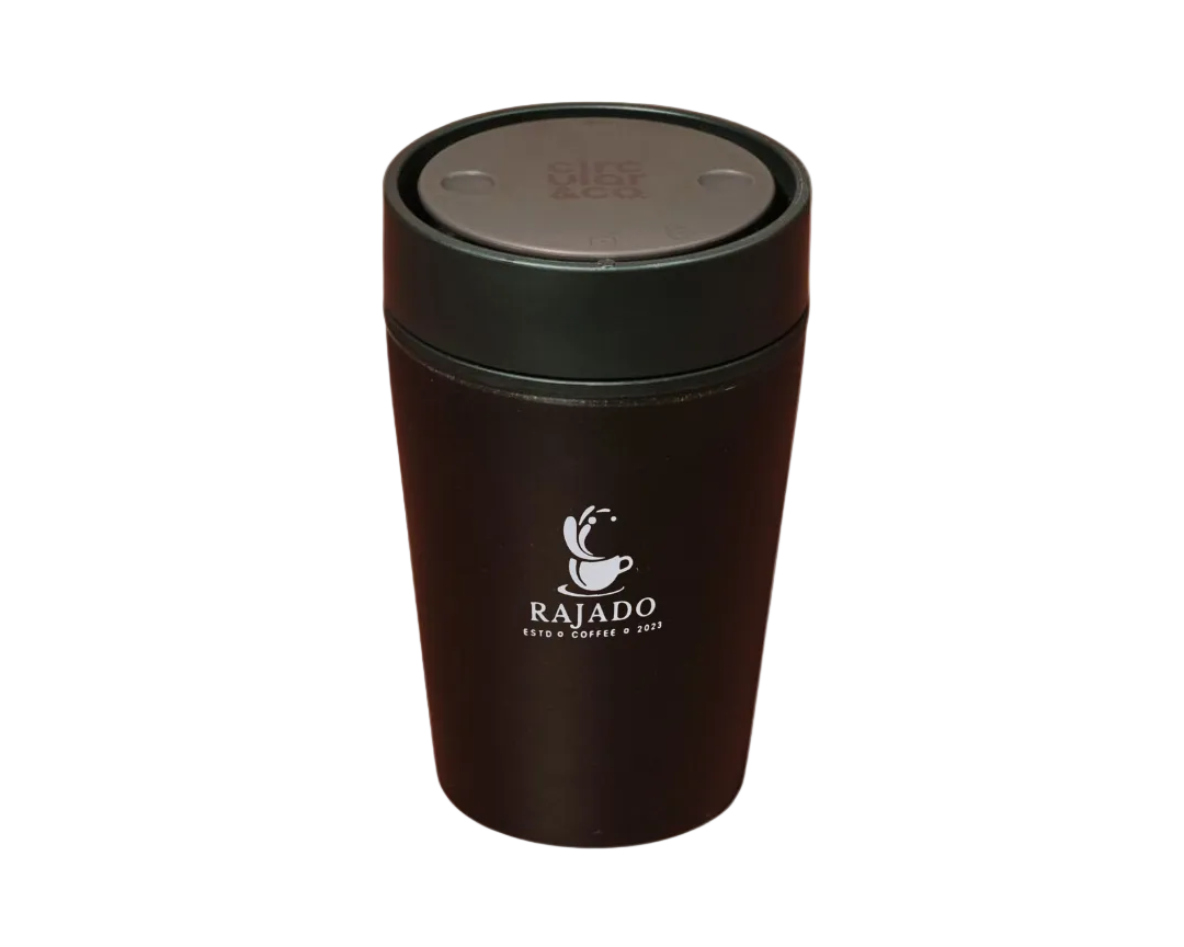 Reusable coffee cup from coffee waste, Rajado Coffee branded travel mug in black with a secure lid.