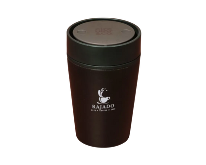 Reusable coffee cup from coffee waste, Rajado Coffee branded travel mug in black with a secure lid.