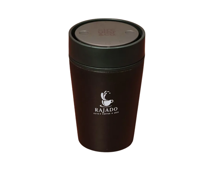 Reusable coffee cup from coffee waste, Rajado Coffee branded travel mug in black with a secure lid.