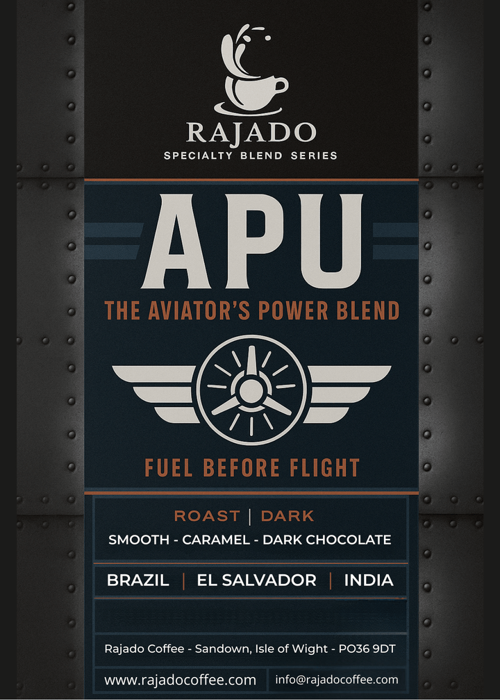 APU - The Aviator’s Power Blend, an Aviation blend with dark roast, smooth caramel, and dark chocolate flavours.