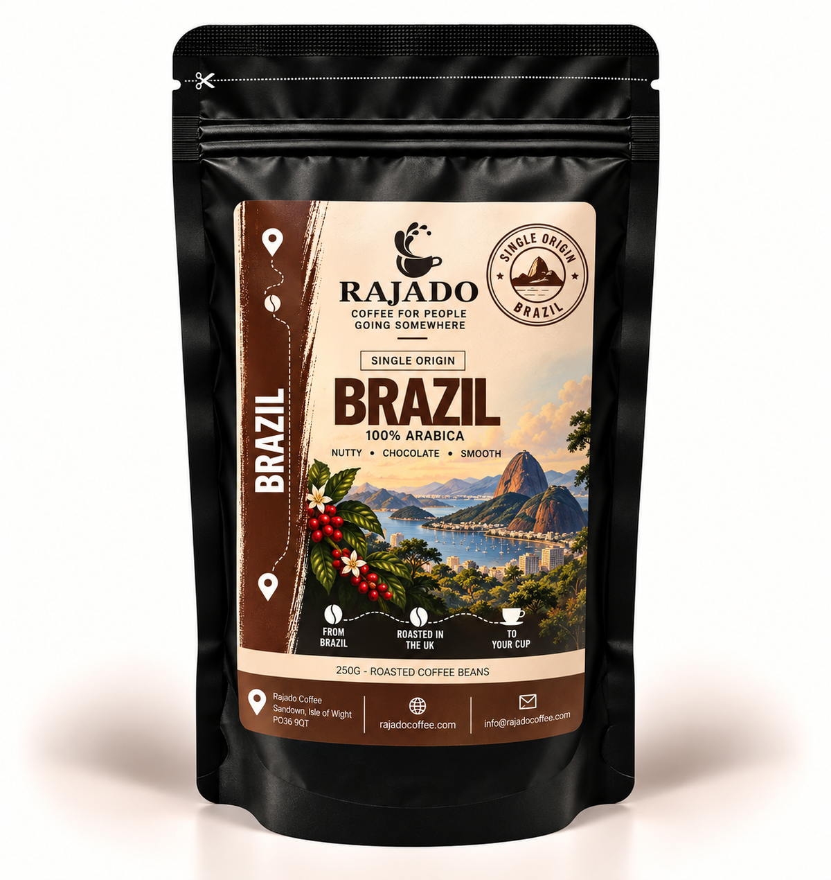 A black stand-up resealable coffee pouch labeled Rajado Brazil Single Origin 100% Arabica, with a scenic coffee-plantation label and a white studio background.