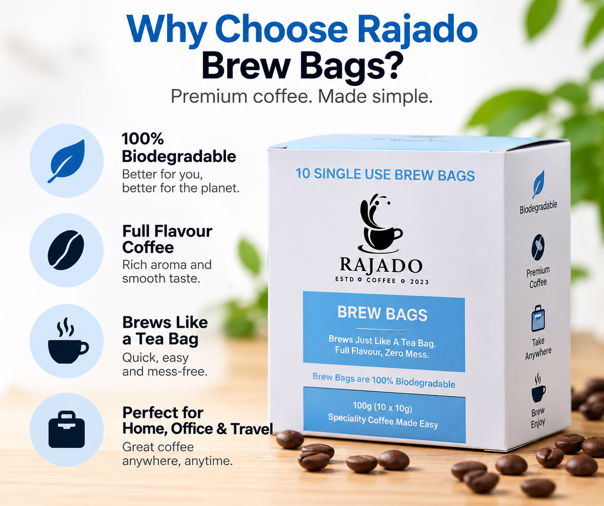 Rajado single-use coffee brew bags box shown on a light background with marketing text and coffee beans around it. The box is white and blue with the Rajado logo and product name.