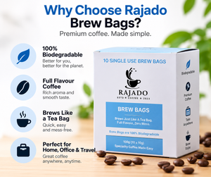 Rajado single-use coffee brew bags box shown on a light background with marketing text and coffee beans around it. The box is white and blue with the Rajado logo and product name.