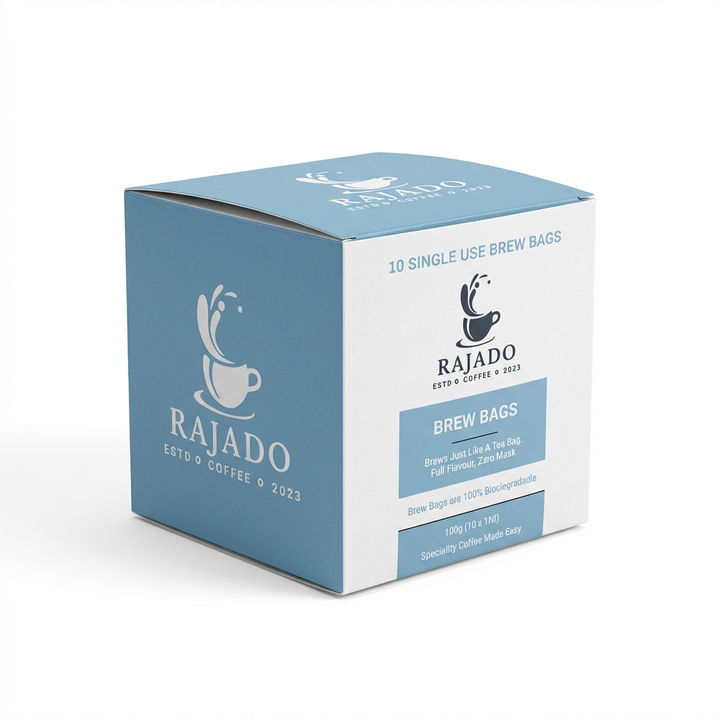 Coffee Brew Bags By Rajado packaging showing 10 single-use brew bags for easy coffee brewing.