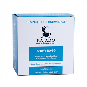 Coffee Brew Bags by Rajado, 10-pack, biodegradable, easy coffee brewing without equipment.