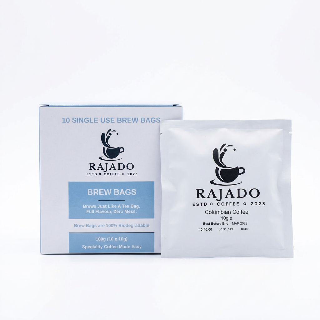Coffee brew bags by Rajado packaged in a box, featuring single-use biodegradable bags for easy brewing.