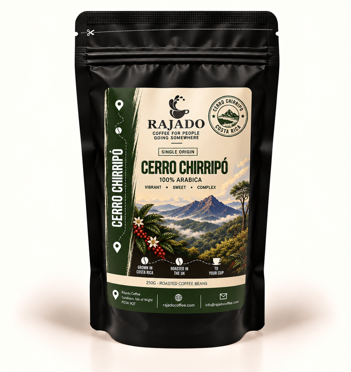 A black resealable stand-up pouch of Rajado Cerro Chirripó coffee beans, featuring a detailed label with a mountain landscape illustration and product details, set against a plain white background.