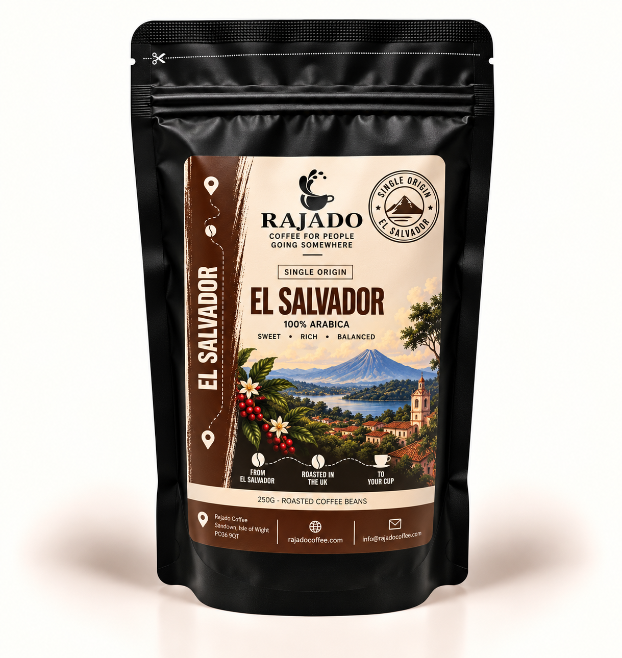 A black stand-up pouch of Rajado Coffee El Salvador single origin coffee beans, featuring a detailed label with coffee plant illustrations and a scenic mountain background.