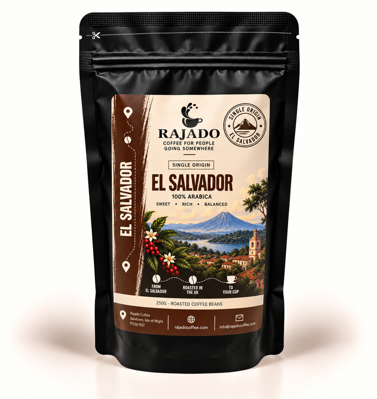 A black stand-up pouch of Rajado Coffee El Salvador single origin coffee beans, featuring a detailed label with coffee plant illustrations and a scenic mountain background.