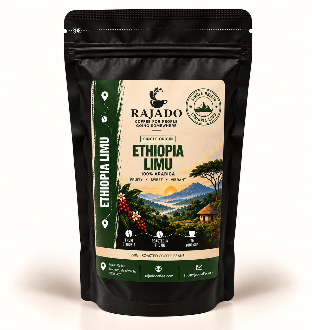 A black stand-up resealable pouch of Rajado Ethiopia Limu coffee on a clean white background. The front label features a scenic landscape illustration with mountains, an acacia tree, and coffee cherries, alongside green and beige design elements and product details.