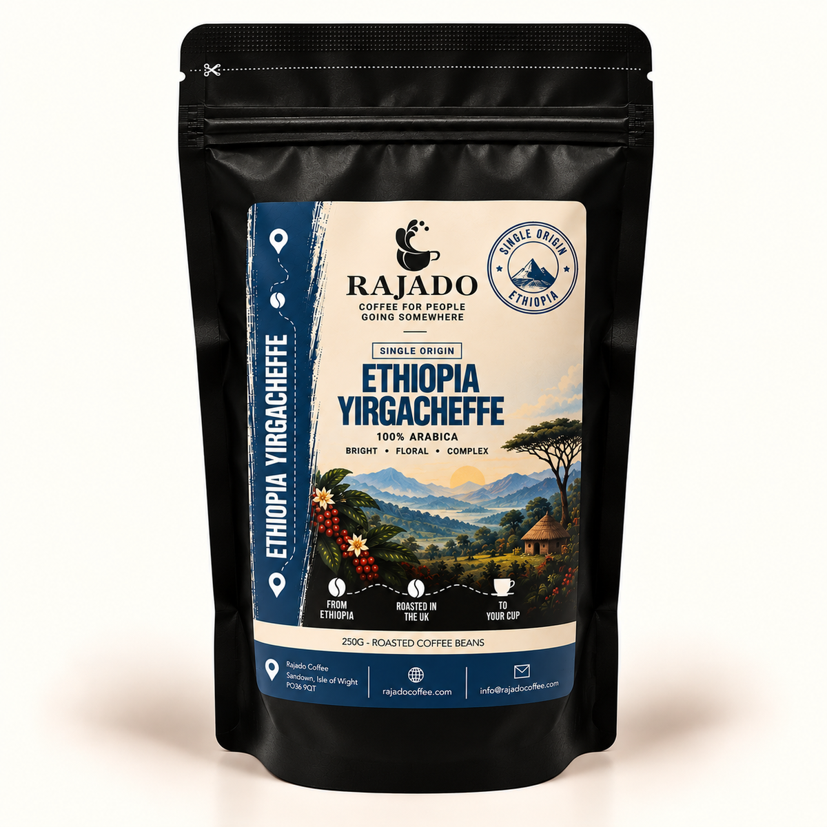 A black stand-up pouch of Rajado Ethiopia Yirgacheffe whole bean coffee on a clean white background.