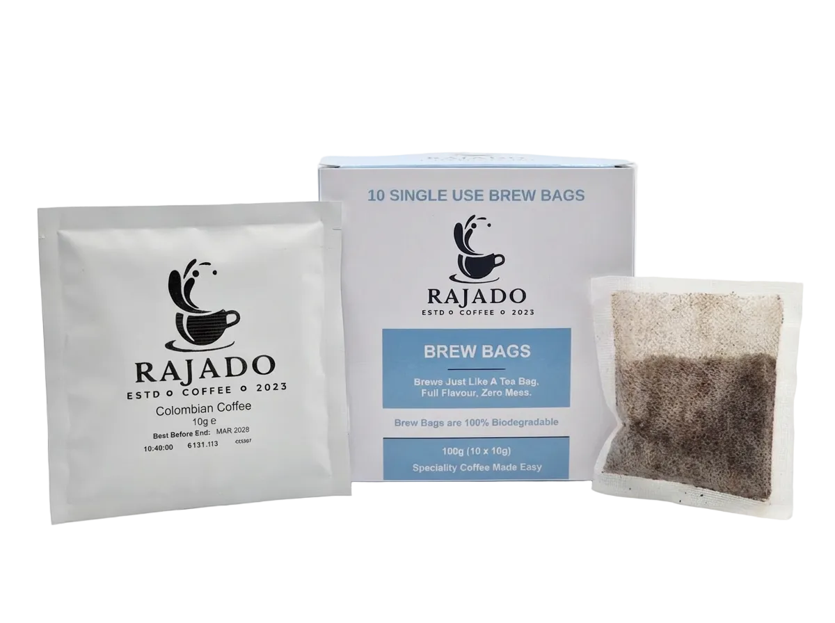 Coffee brew bags by Rajado showcased in packaging with one brew bag open to reveal coffee grounds inside.