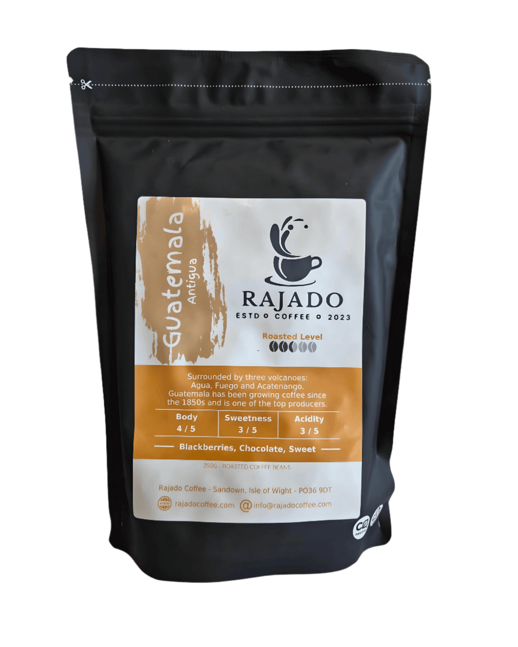 Single Origin Coffee Blend & Biscuit Break - Rajado Coffee Guatemala Pouch featuring tasting notes of blackberries and chocolate.