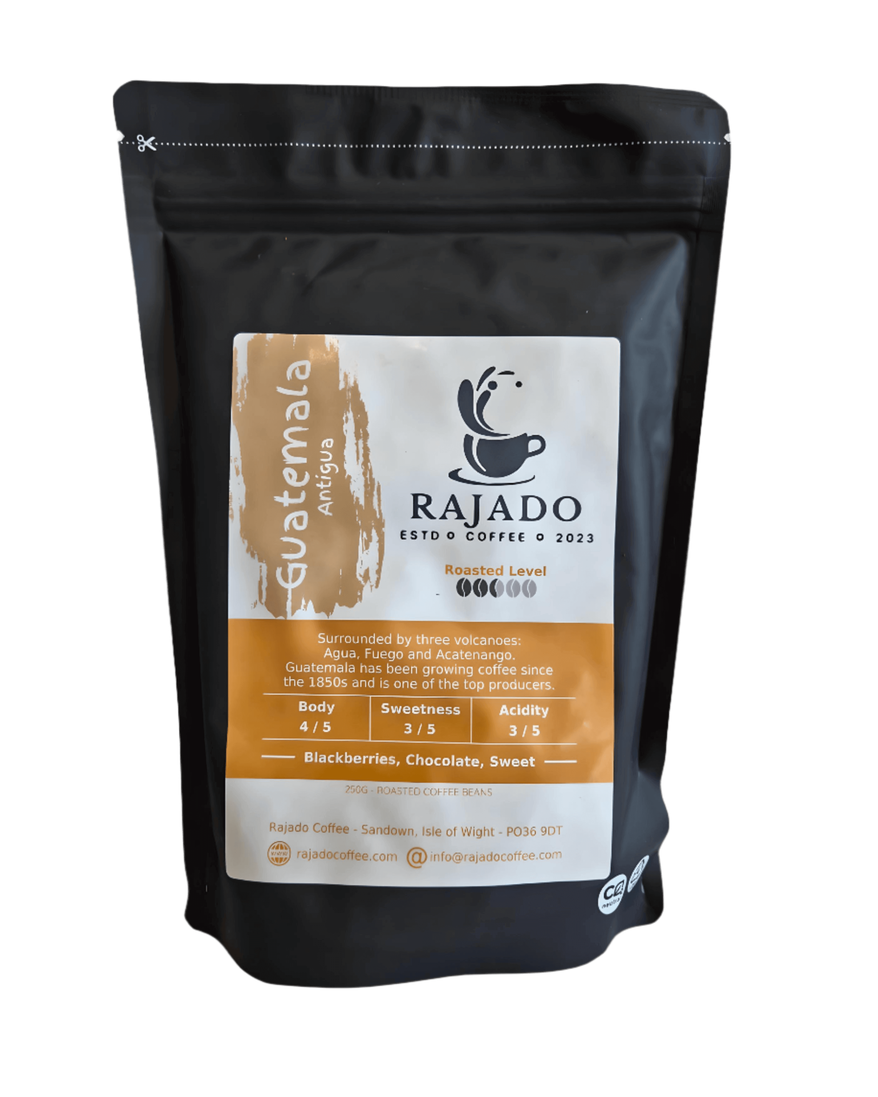 Single Origin Coffee Blend & Biscuit Break - Rajado Coffee Guatemala Pouch featuring tasting notes of blackberries and chocolate.