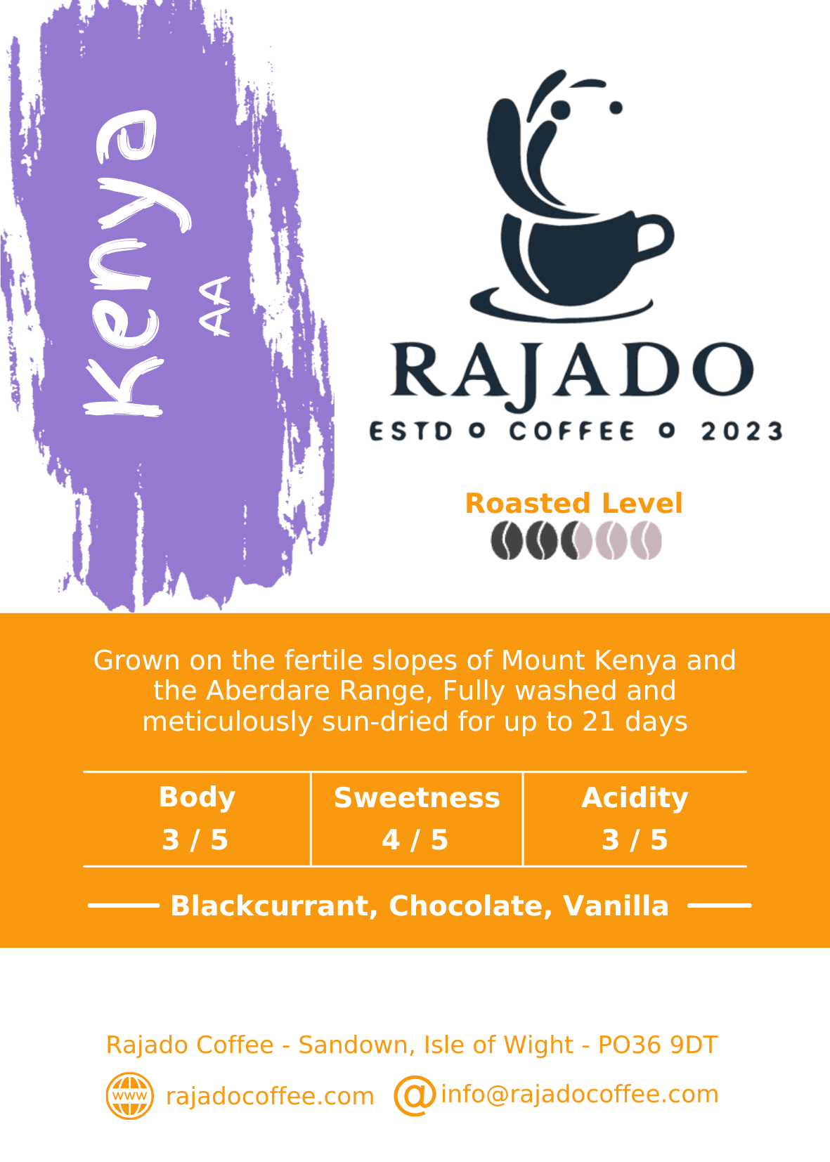 Kenya premium coffee from Rajado, showcasing vibrant notes of blackcurrant, chocolate, and vanilla, roasted level information included.