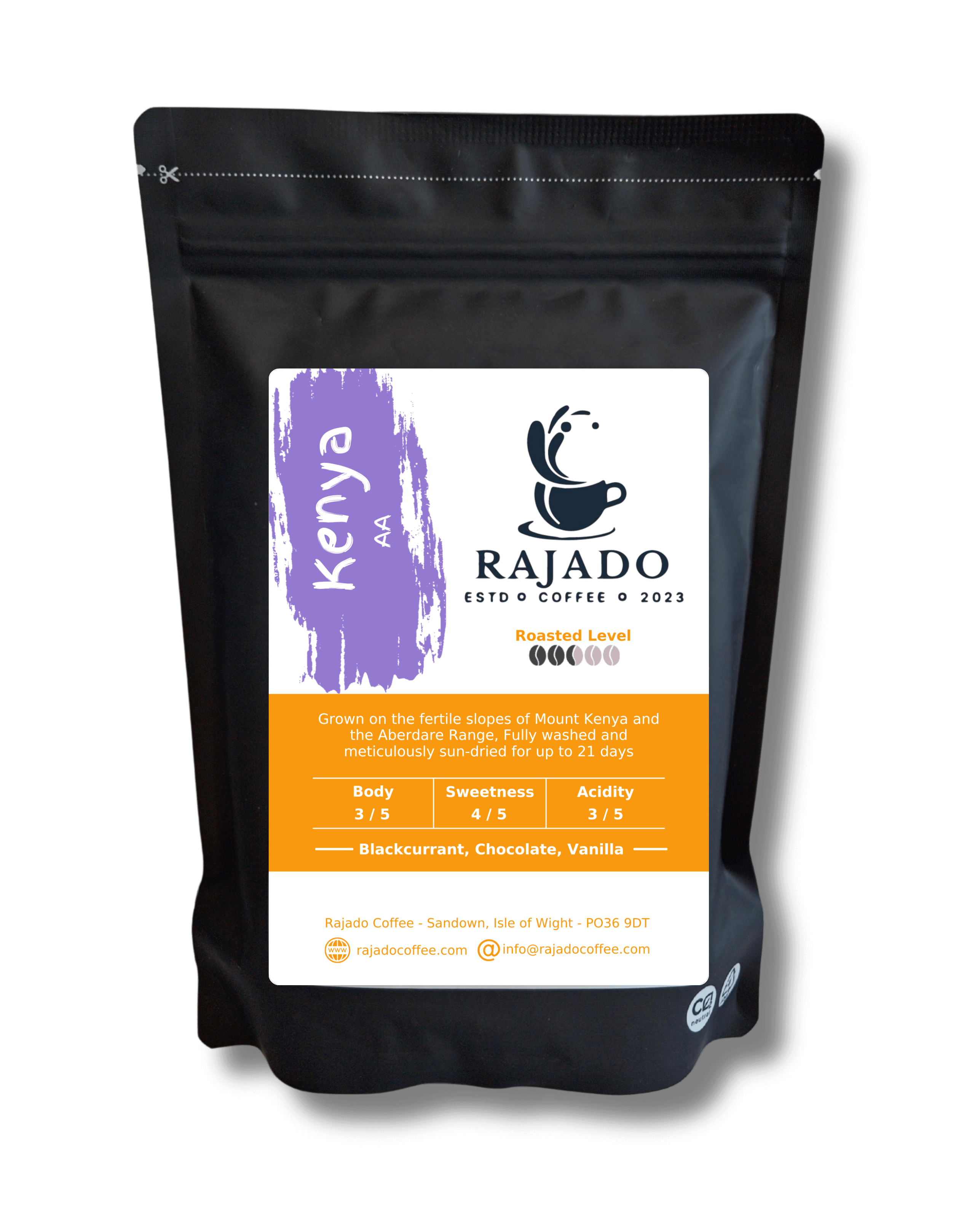 Kenya premium coffee packaged in a bag, showcasing quality and flavor notes of blackcurrant, chocolate, and vanilla.