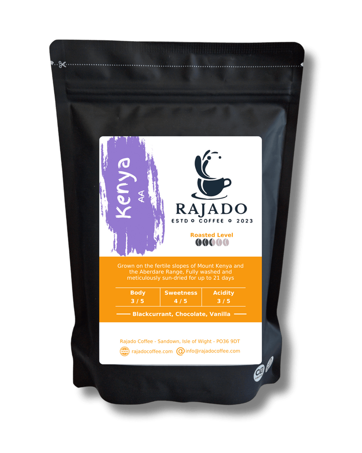 Kenya premium coffee packaged in a bag, showcasing quality and flavor notes of blackcurrant, chocolate, and vanilla.