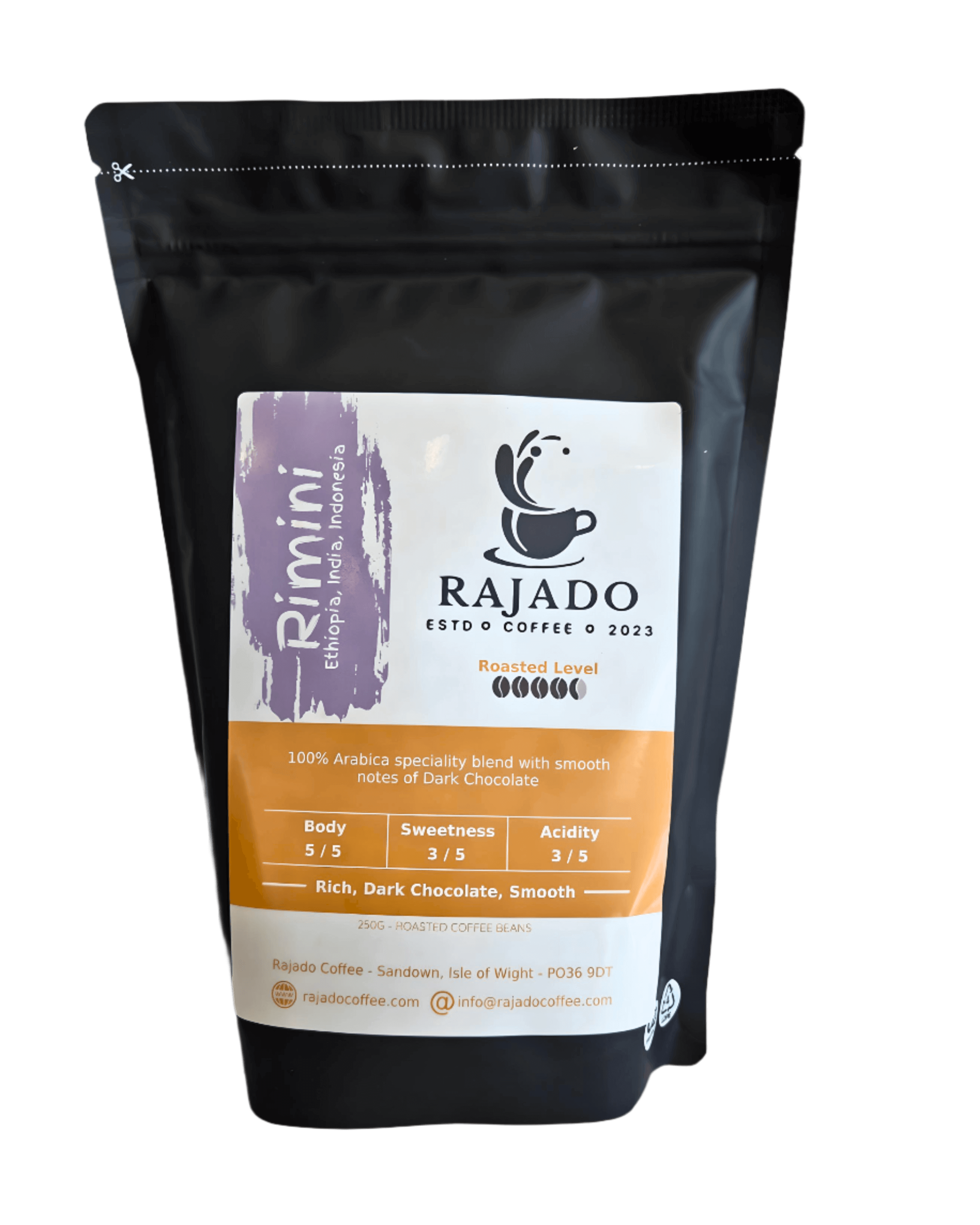 Coffee Blend & Biscuit Break pack featuring Rajado's Rimini 100% Arabica coffee with dark chocolate notes.