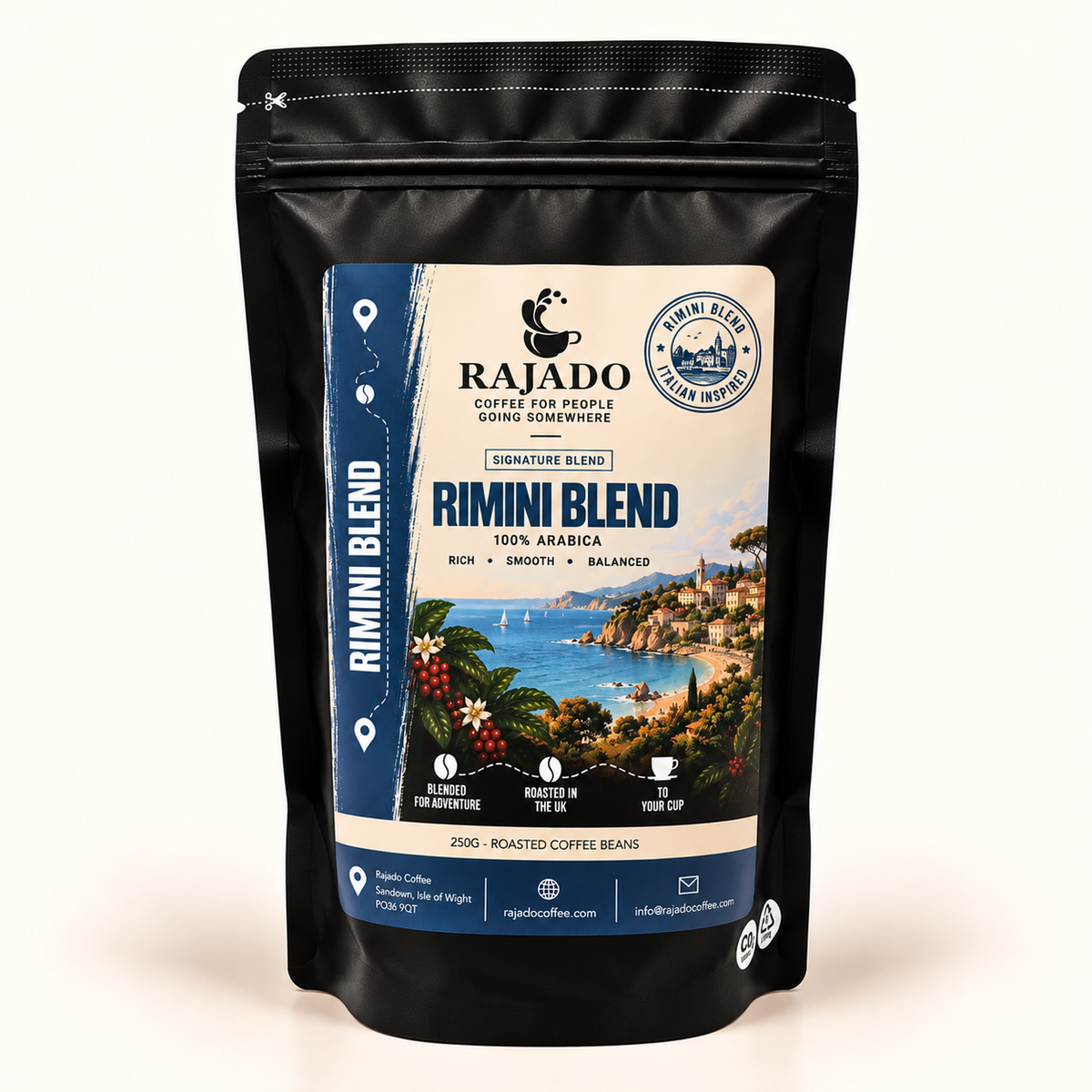 A black stand-up pouch of Rajado Coffee Roastery's Rimini Blend coffee beans, featuring a detailed scenic label on the front.