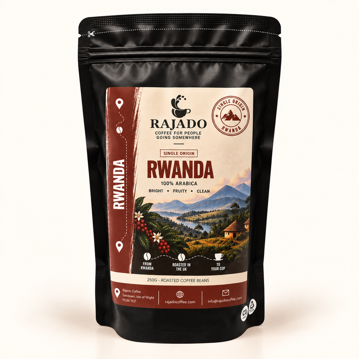 A black resealable stand-up pouch of Rajado Rwanda single-origin coffee beans, featuring a detailed label with coffee plantation imagery and product details on a clean white background.