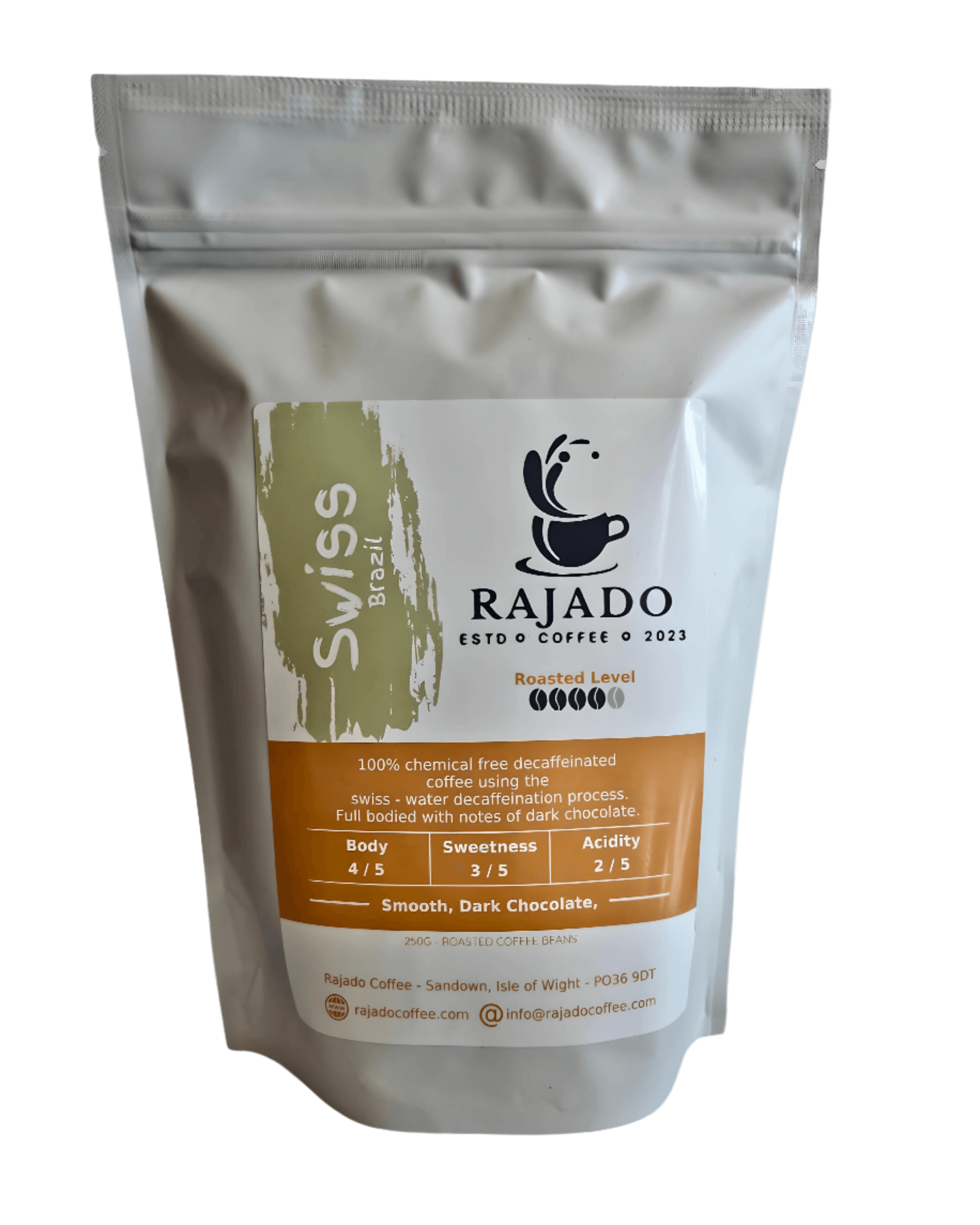Coffee Blend & Biscuit Break - Rajado Swiss Brazil coffee pouch showcasing smooth dark chocolate notes.