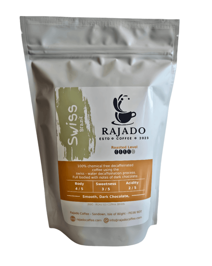 Coffee Blend & Biscuit Break - Rajado Swiss Brazil coffee pouch showcasing smooth dark chocolate notes.