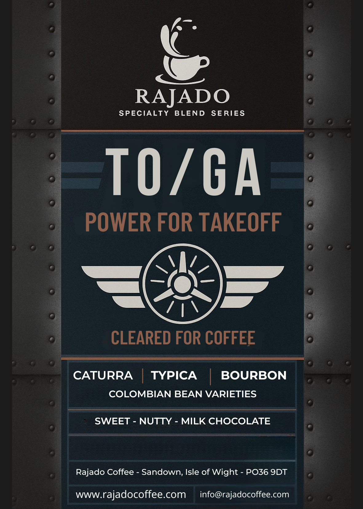 TO/GA Aviation blend coffee with Colombian Supremo beans, offering sweet, nutty flavor notes in every cup.