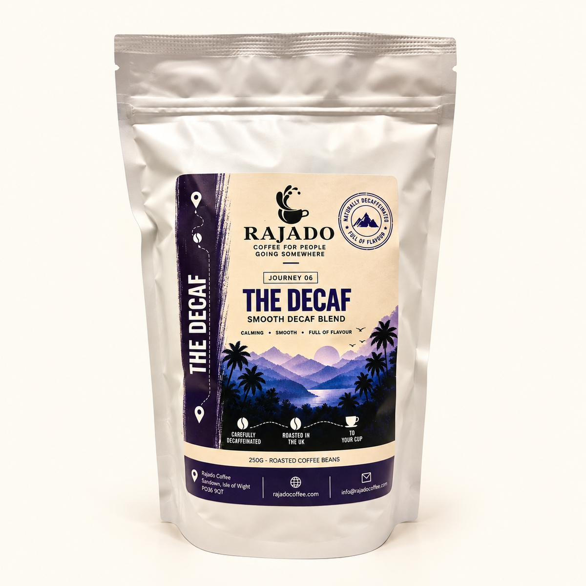A stand-up pouch of Rajado Coffee Roasters 'The Decaf' smooth decaf blend, set against a plain off-white background.