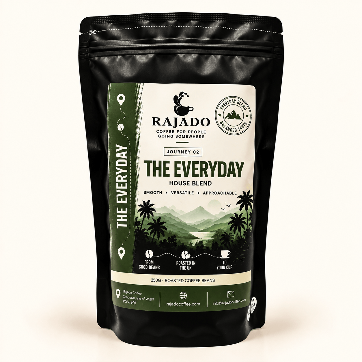 A black resealable stand-up pouch of Rajado Coffee Roastery 'The Everyday' house blend coffee beans, set against a clean off-white background.