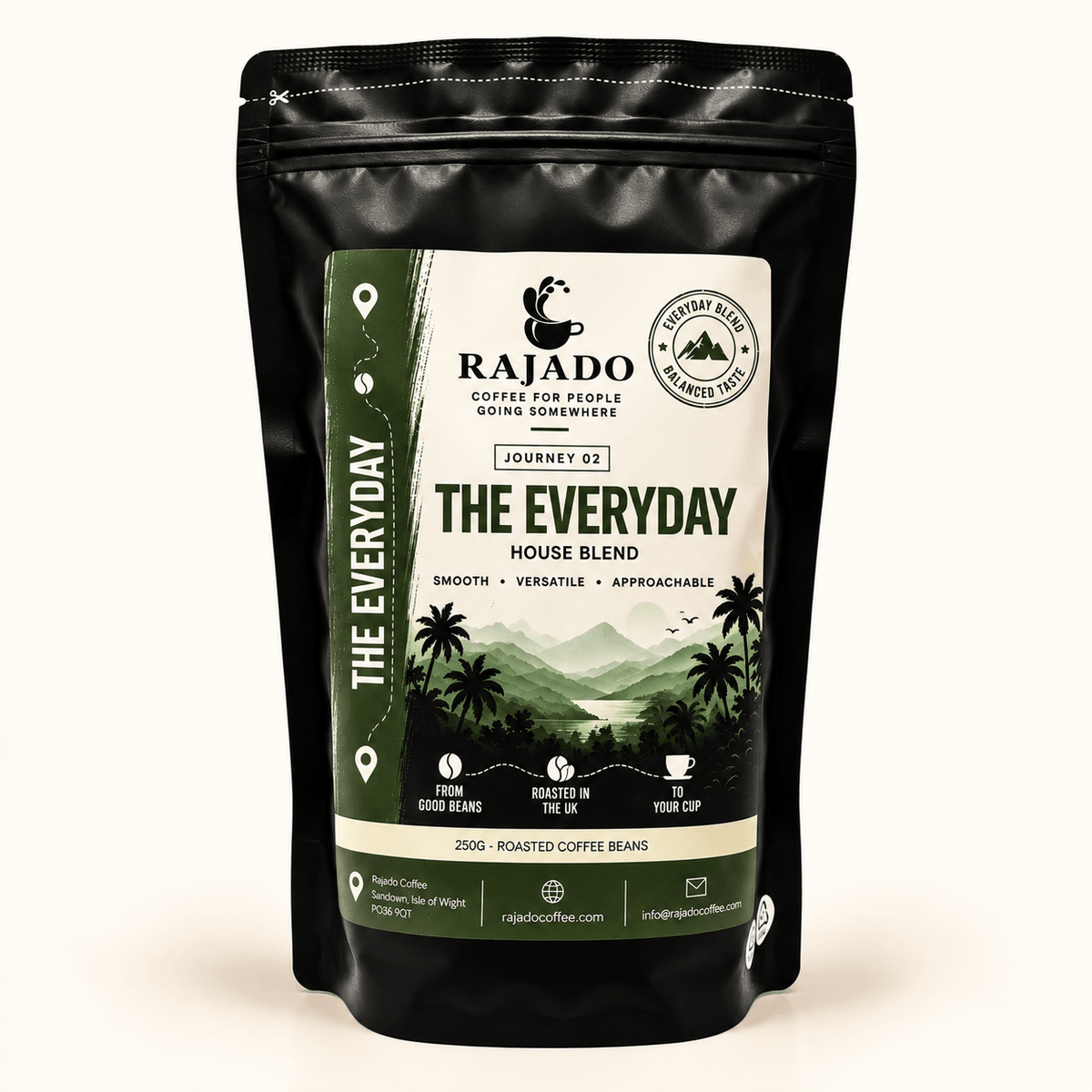 A black resealable stand-up pouch of Rajado Coffee Roastery 'The Everyday' house blend coffee beans, set against a clean off-white background.