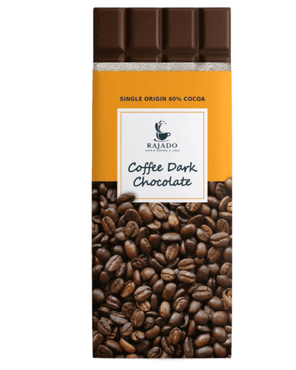 Coffee Dark Chocolate Bar 90g wrapped in coffee beans with single origin cocoa information.