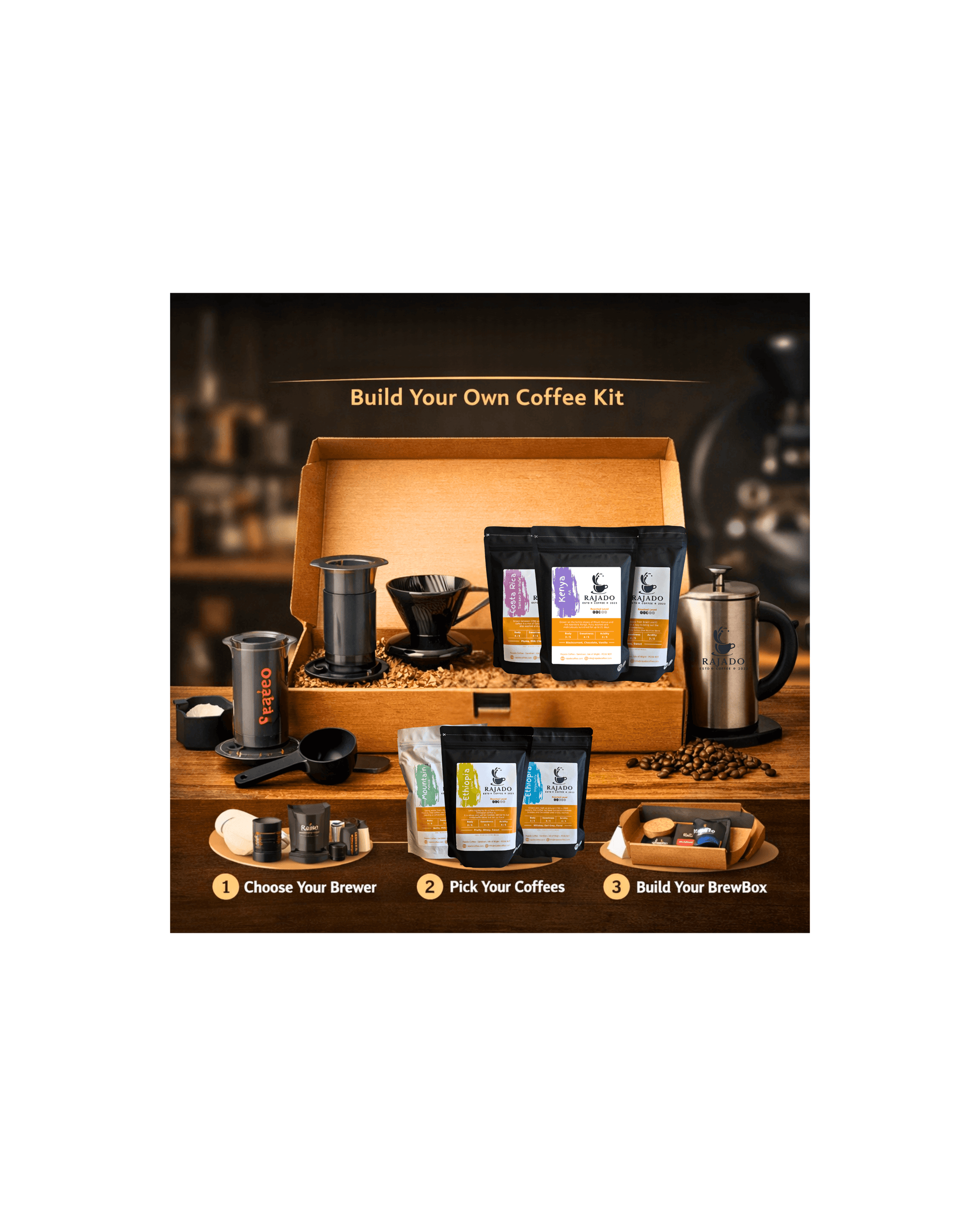 Rajado BrewBox Experience – Build Your Own Coffee Kit with brewing tools and coffee bags