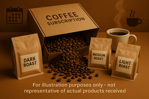 Monthly Coffee Subscription with dark, medium, and light roast bags, showcasing fresh roasted coffee beans.