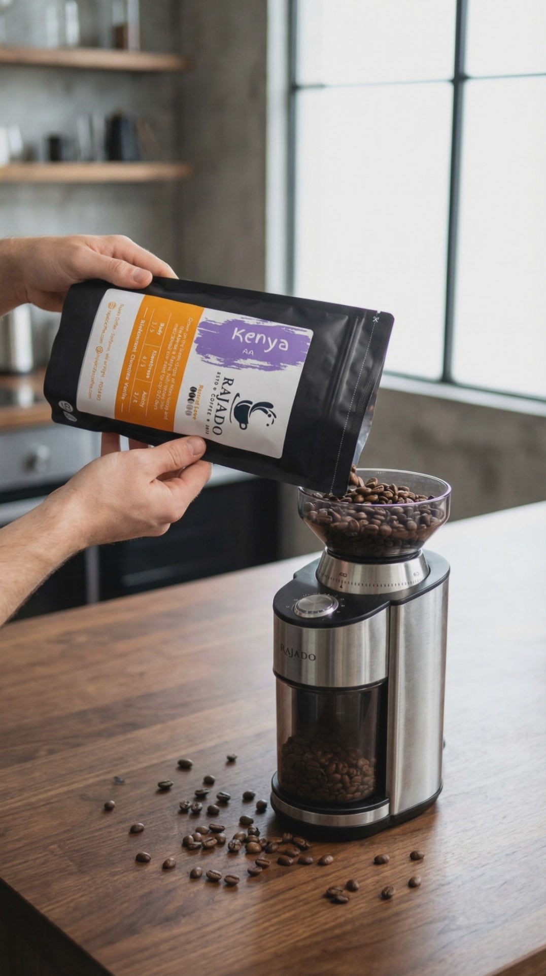 Barista pouring Kenya single origin coffee beans into grinder for fresh brew.